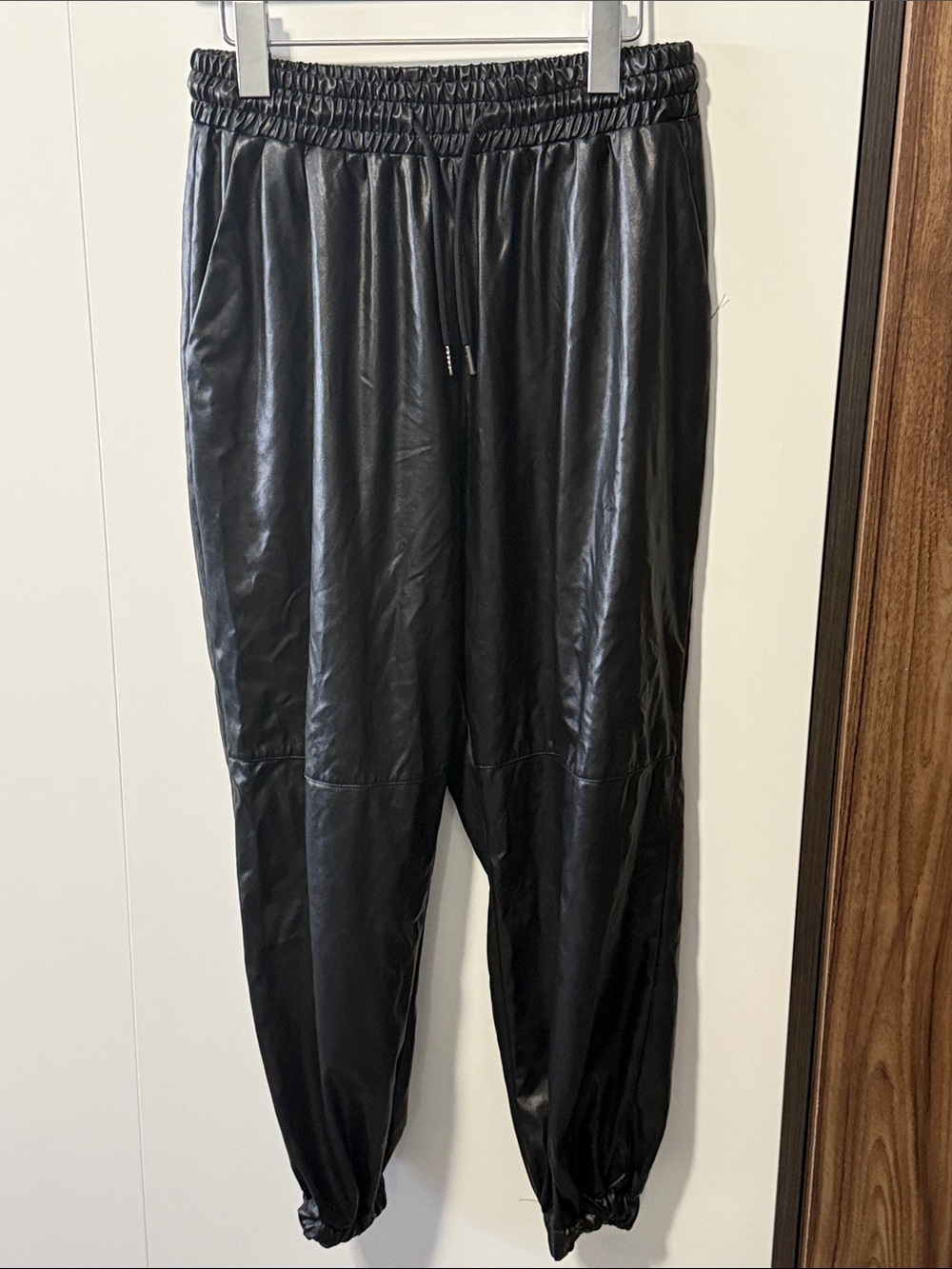 Men's Black Faux Leather Jogger Pants with Elastic Waist